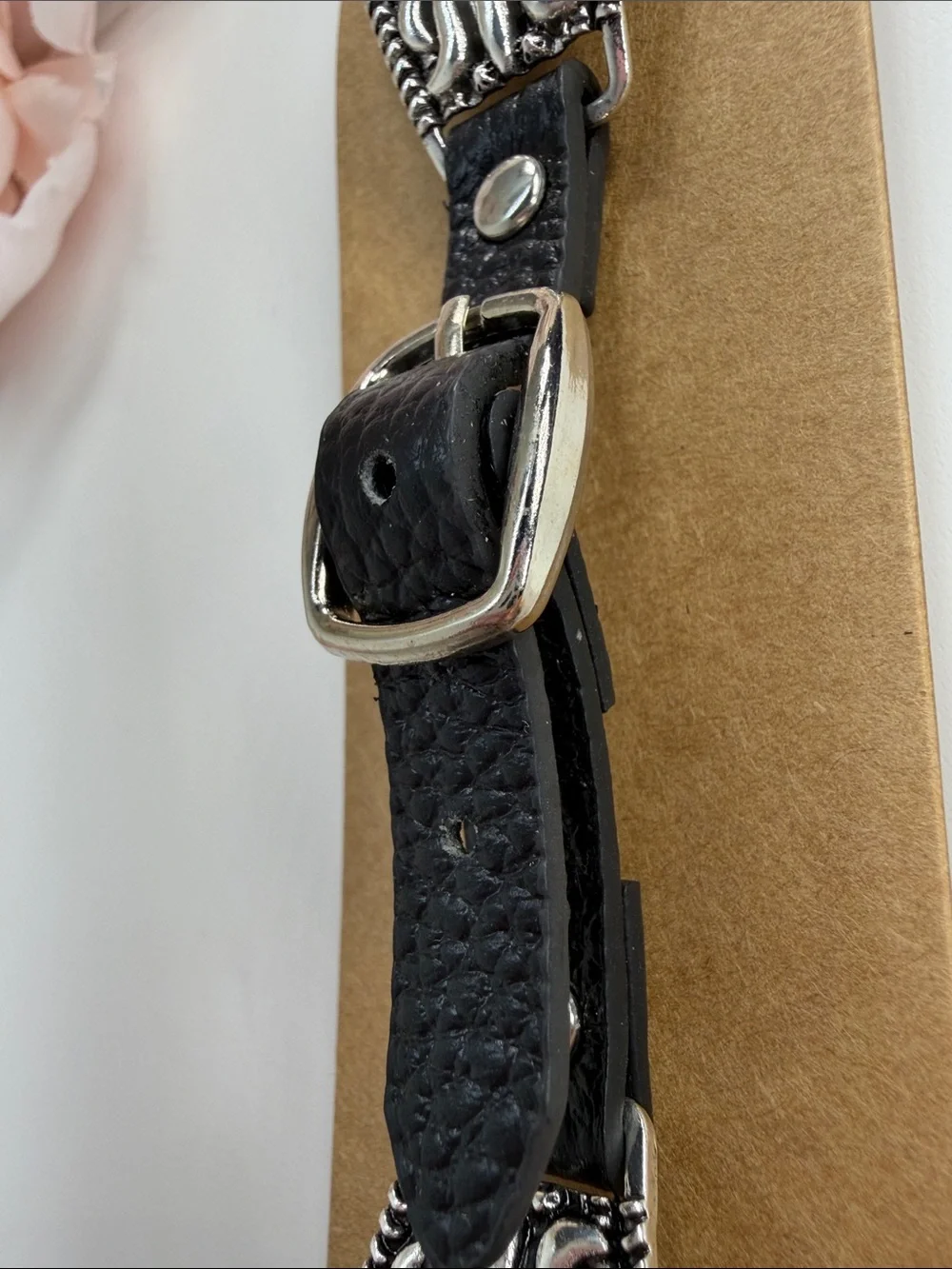 Black Leather Crystal Accent Watch Band for 42–45mm